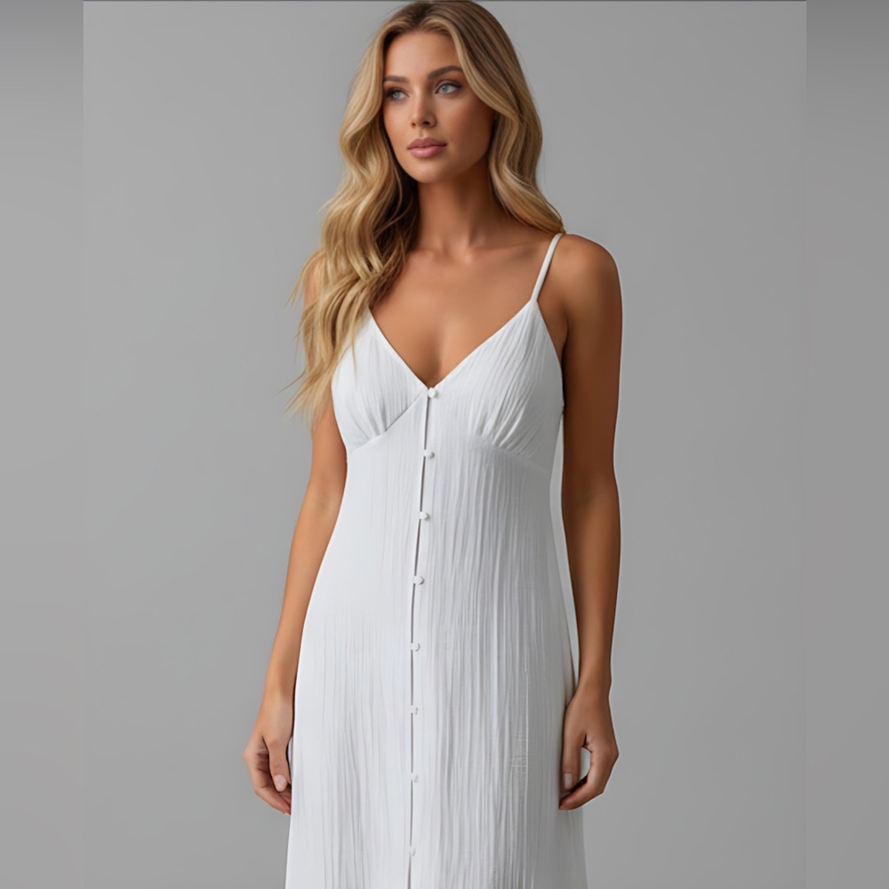 LAST ONE 🔥Button Cami Shirred Back Maxi Dress White - Picture 4 of 9